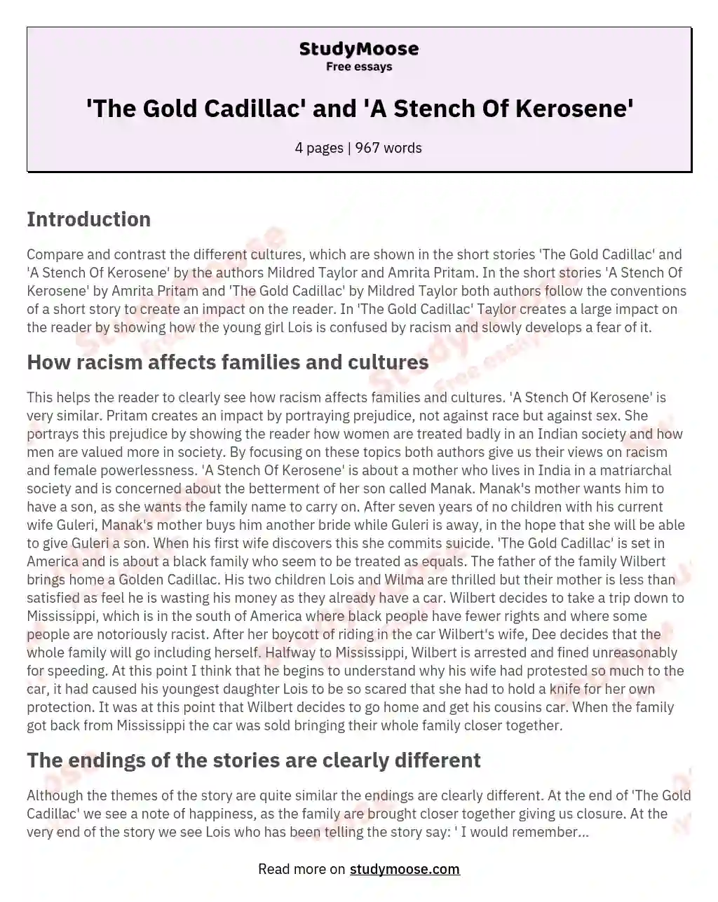 'The Gold Cadillac' and 'A Stench Of Kerosene' essay