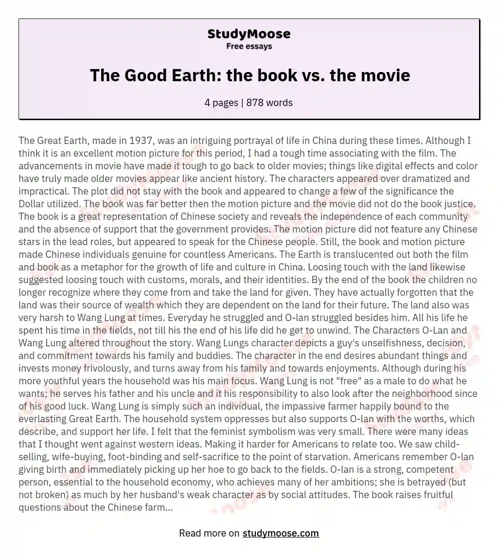 The Good Earth: the book vs. the movie essay