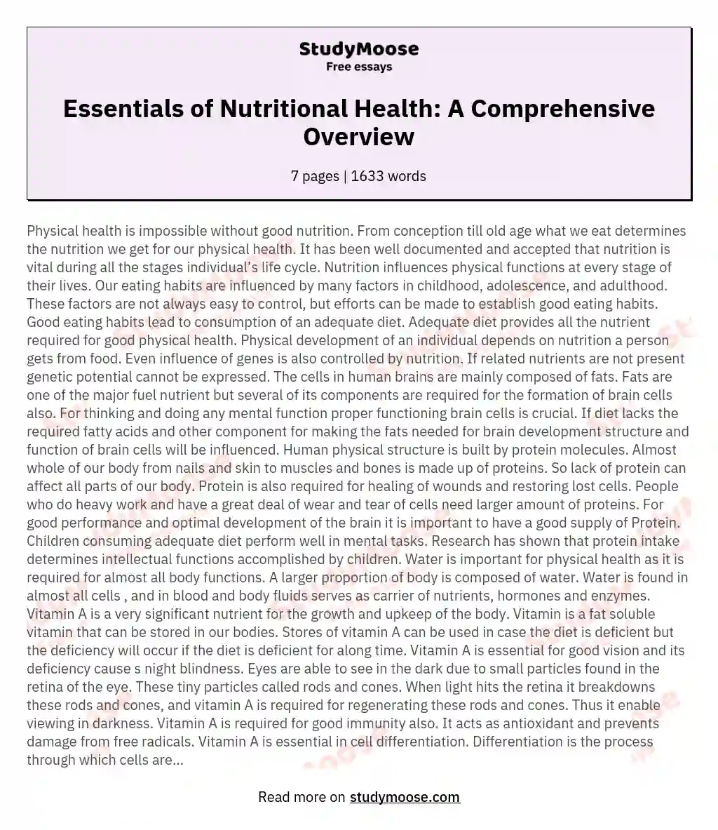 Essentials of Nutritional Health: A Comprehensive Overview essay