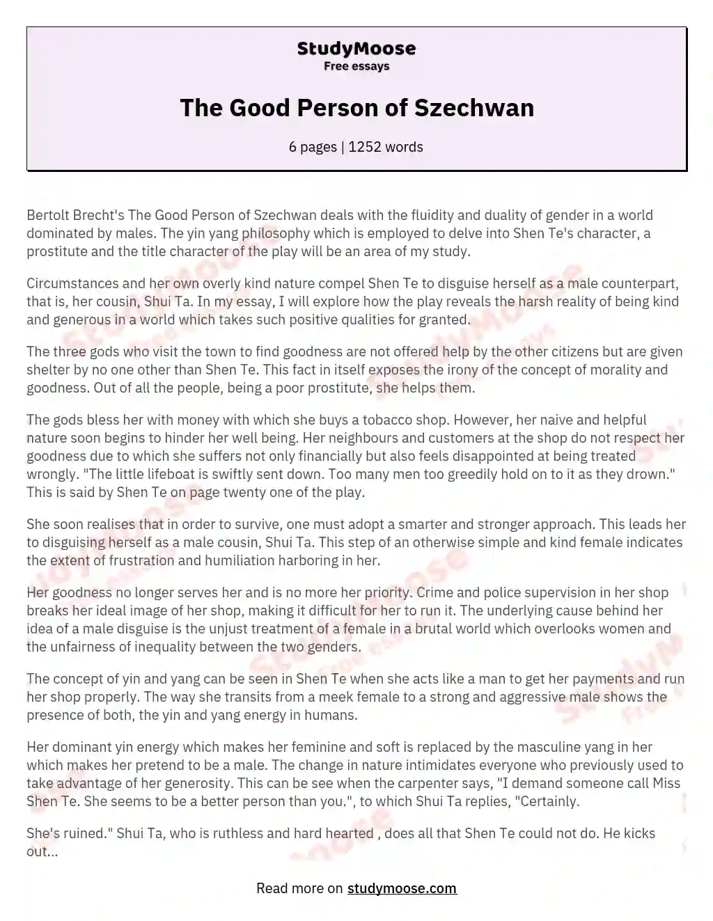 The Good Person of Szechwan essay