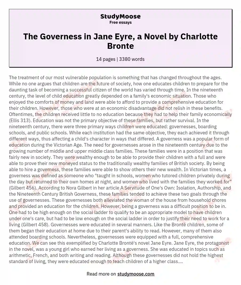 The Governess in Jane Eyre, a Novel by Charlotte Bronte essay