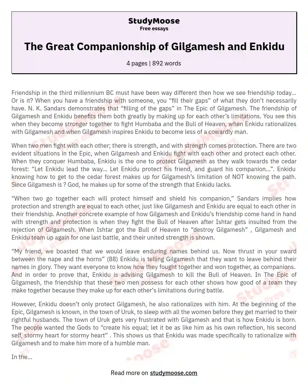 The Great Companionship of Gilgamesh and Enkidu essay