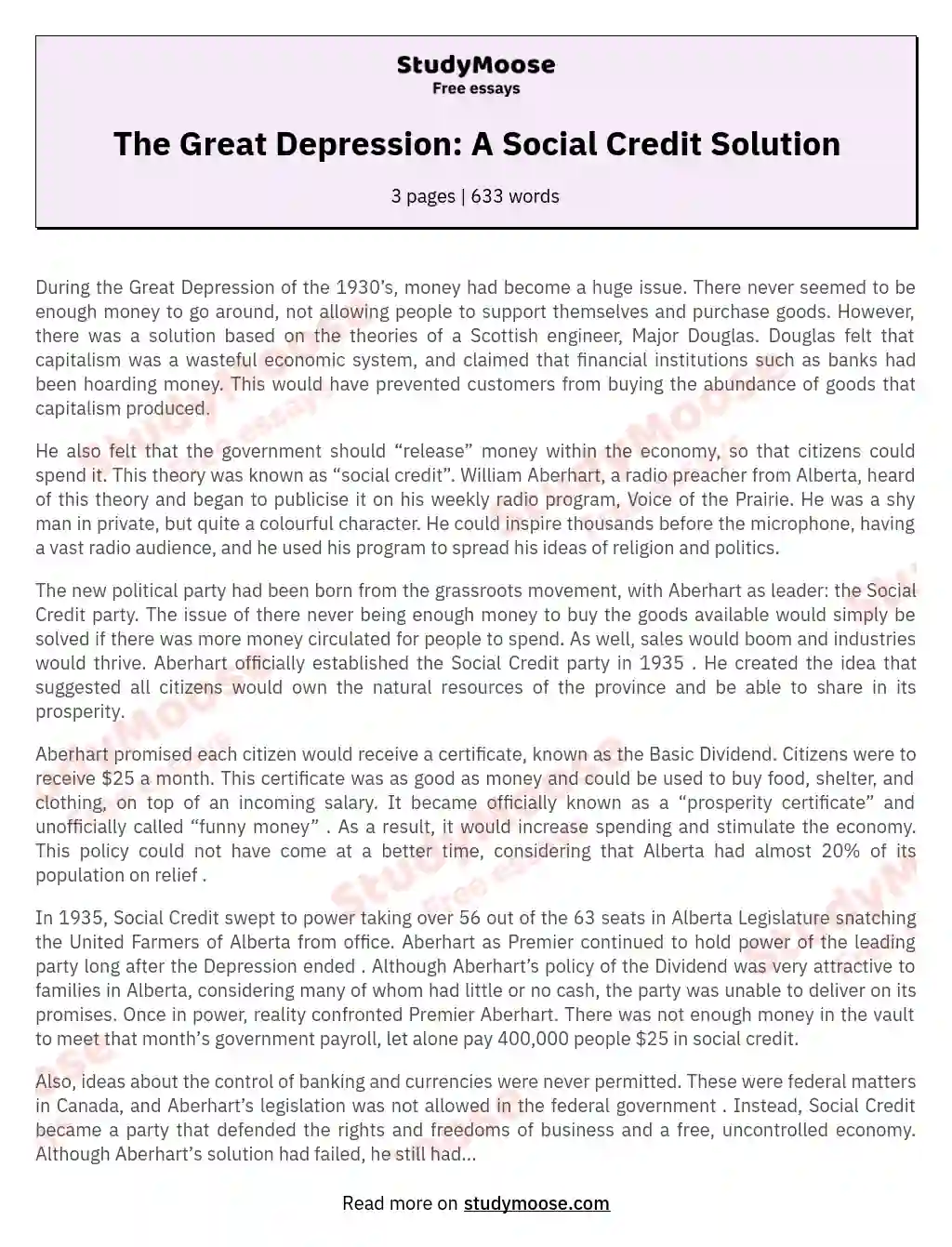The Great Depression: A Social Credit Solution essay