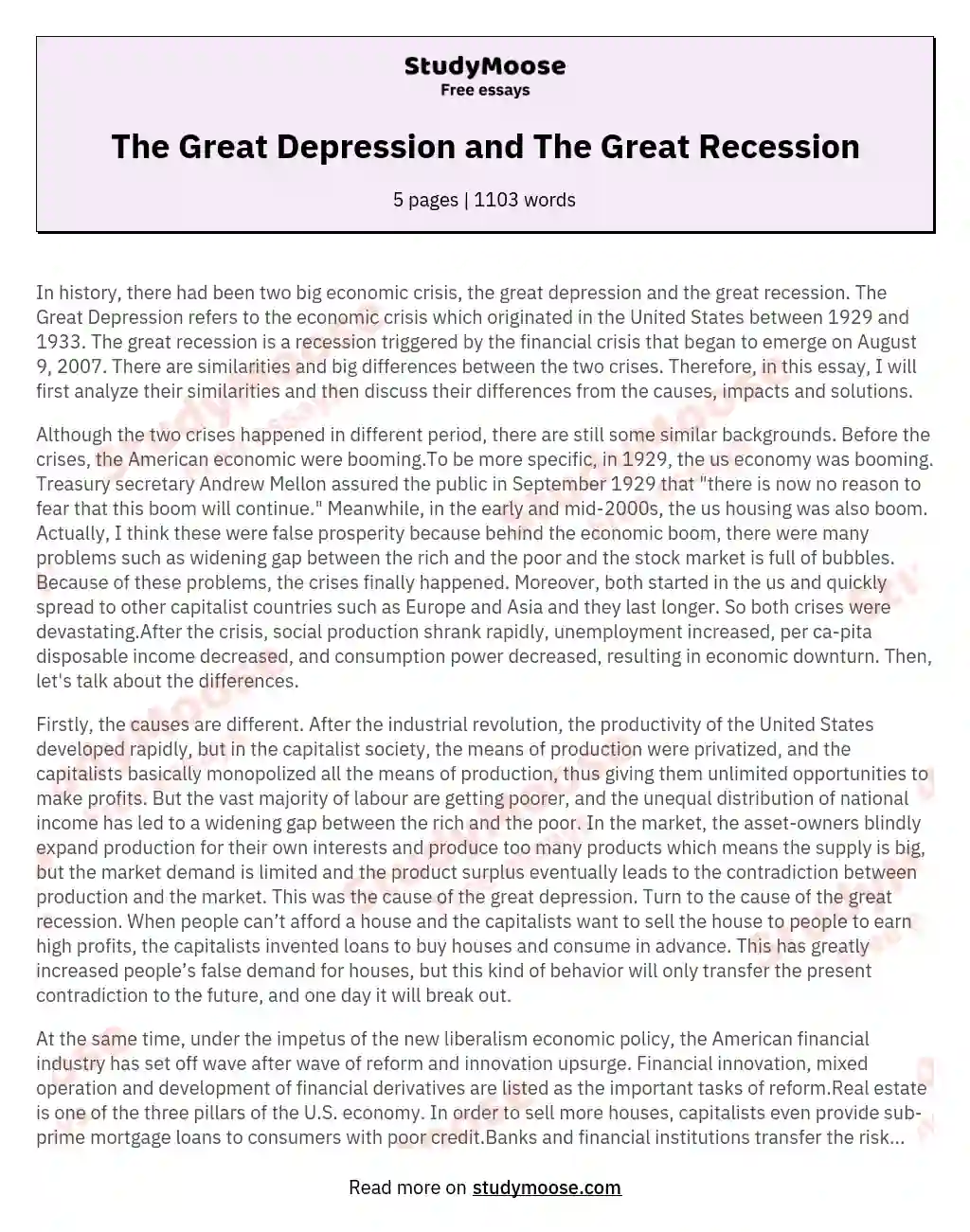 an essay about the great depression