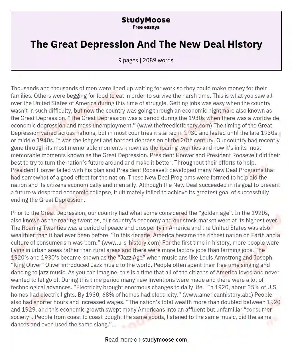 The Great Depression And The New Deal History essay