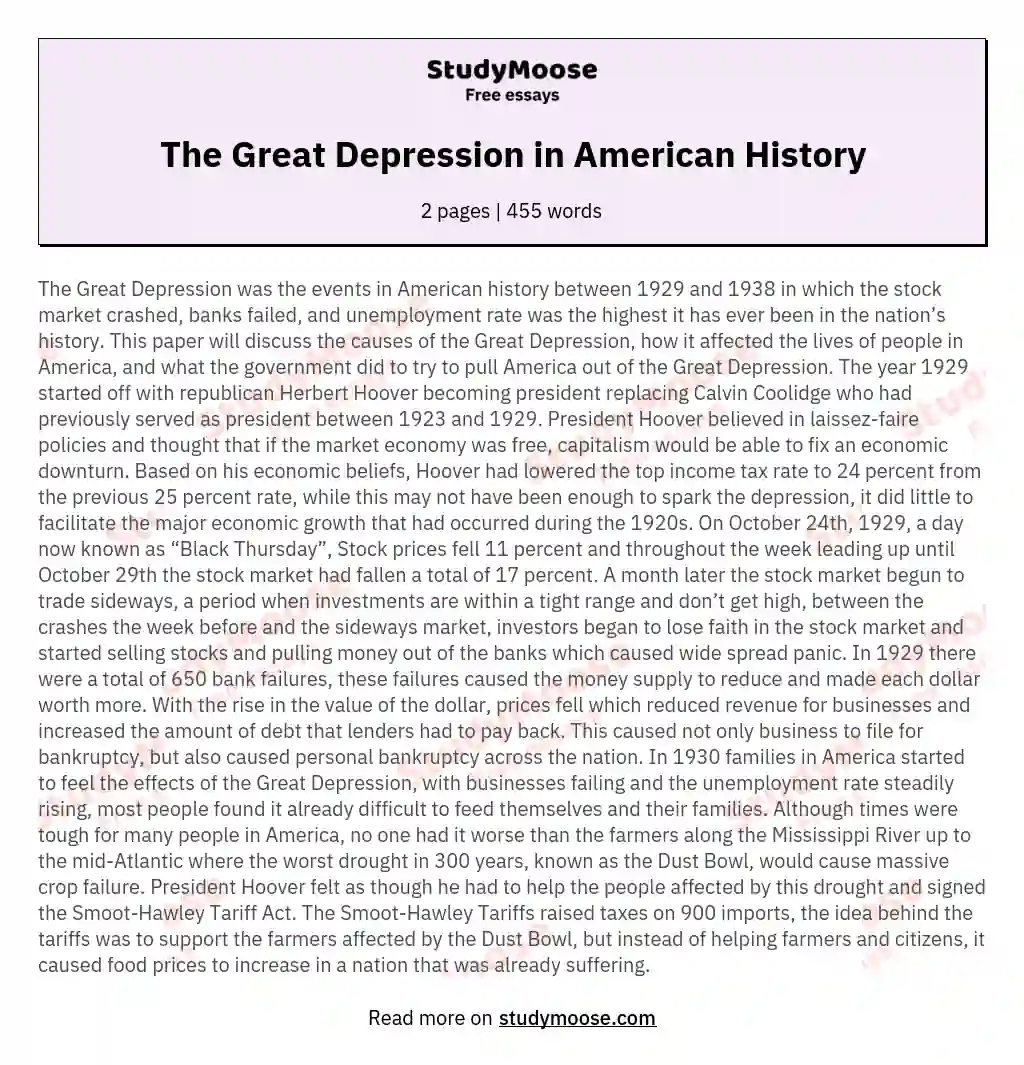 The Great Depression in American History essay