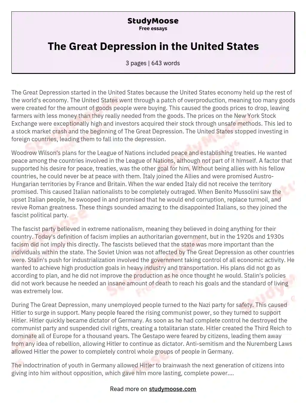 The Great Depression in the United States essay