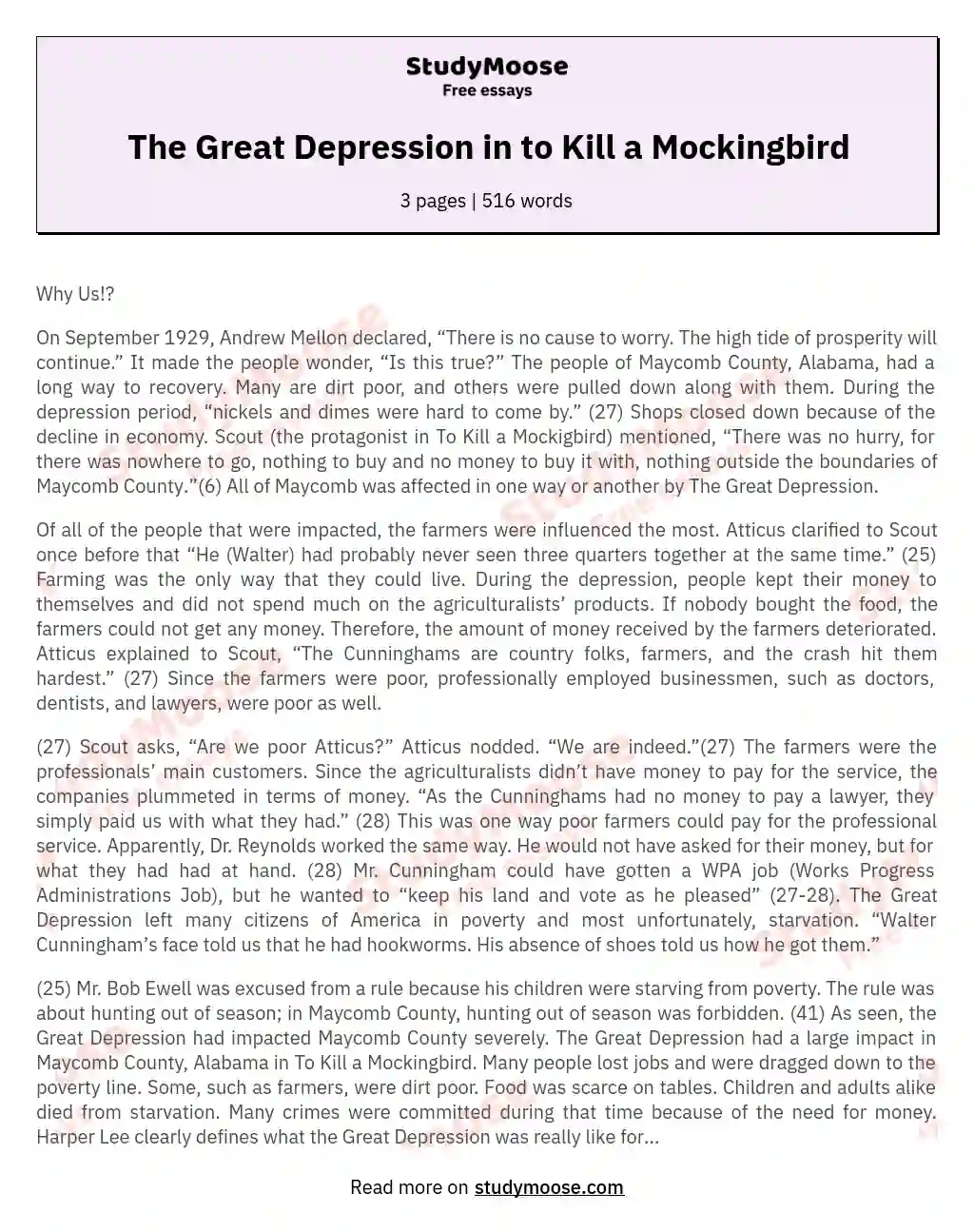 The Great Depression in to Kill a Mockingbird essay