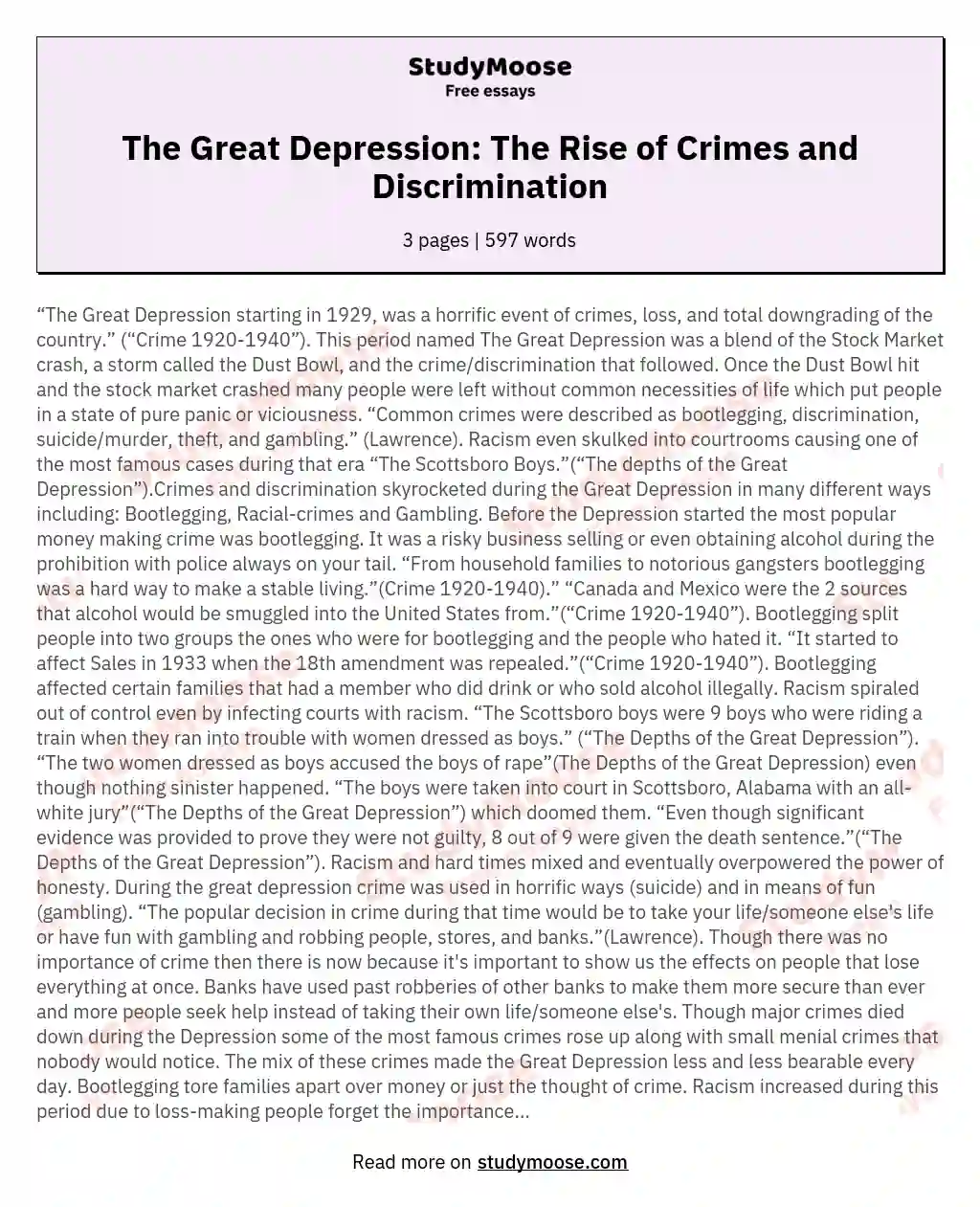The Great Depression: The Rise of Crimes and Discrimination essay
