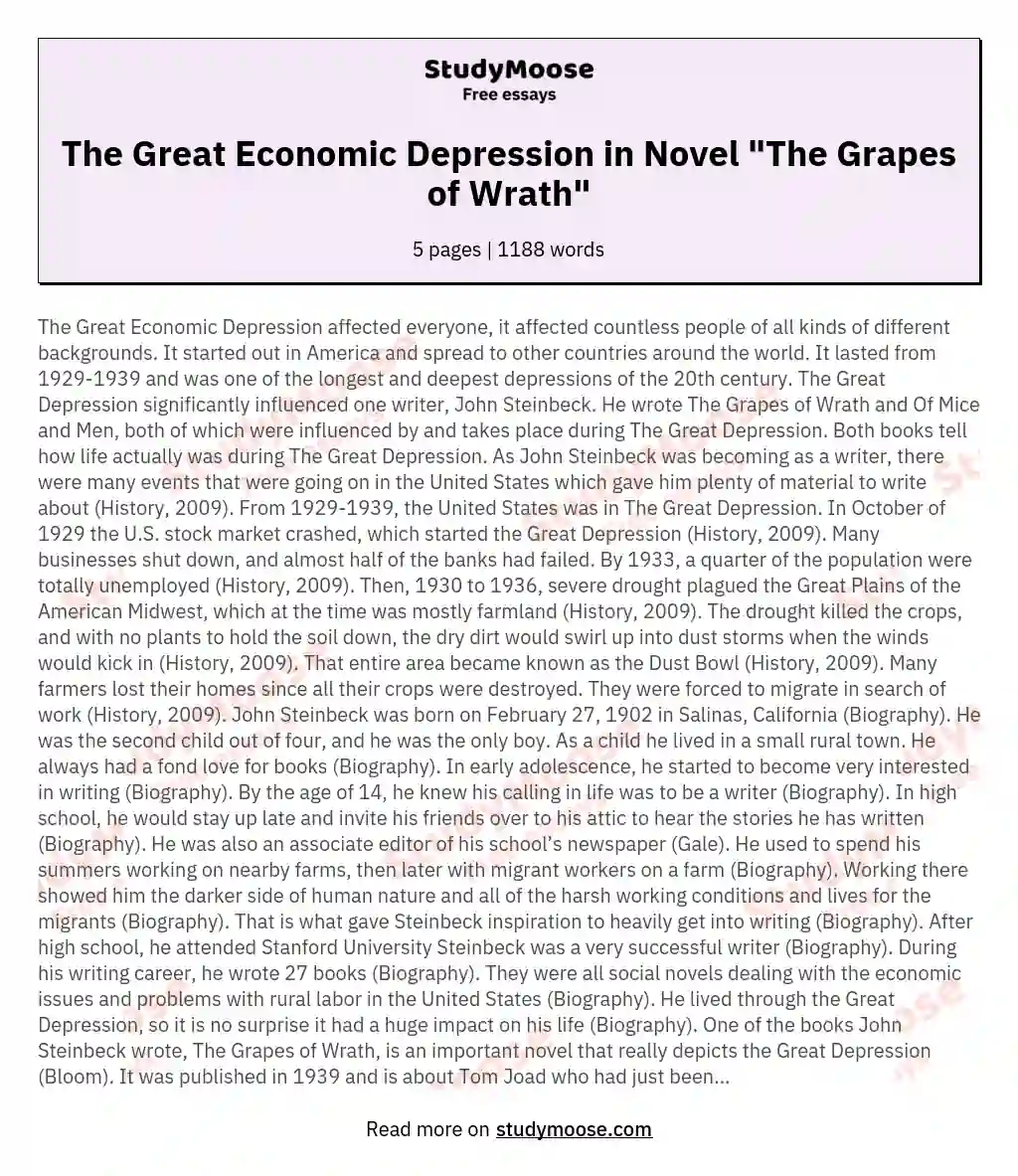 The Great Economic Depression in Novel "The Grapes of Wrath" essay