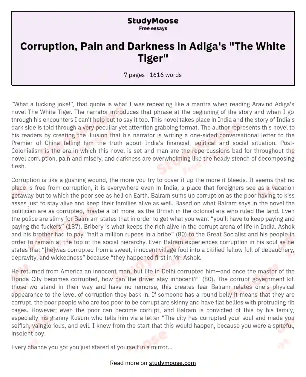 Corruption, Pain and Darkness in Adiga's "The White Tiger" essay