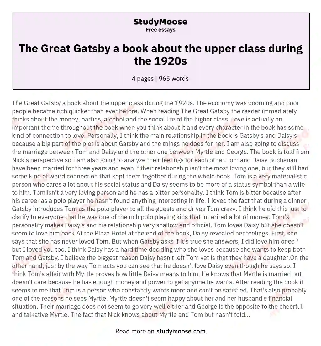 The Great Gatsby a book about the upper class during the 1920s