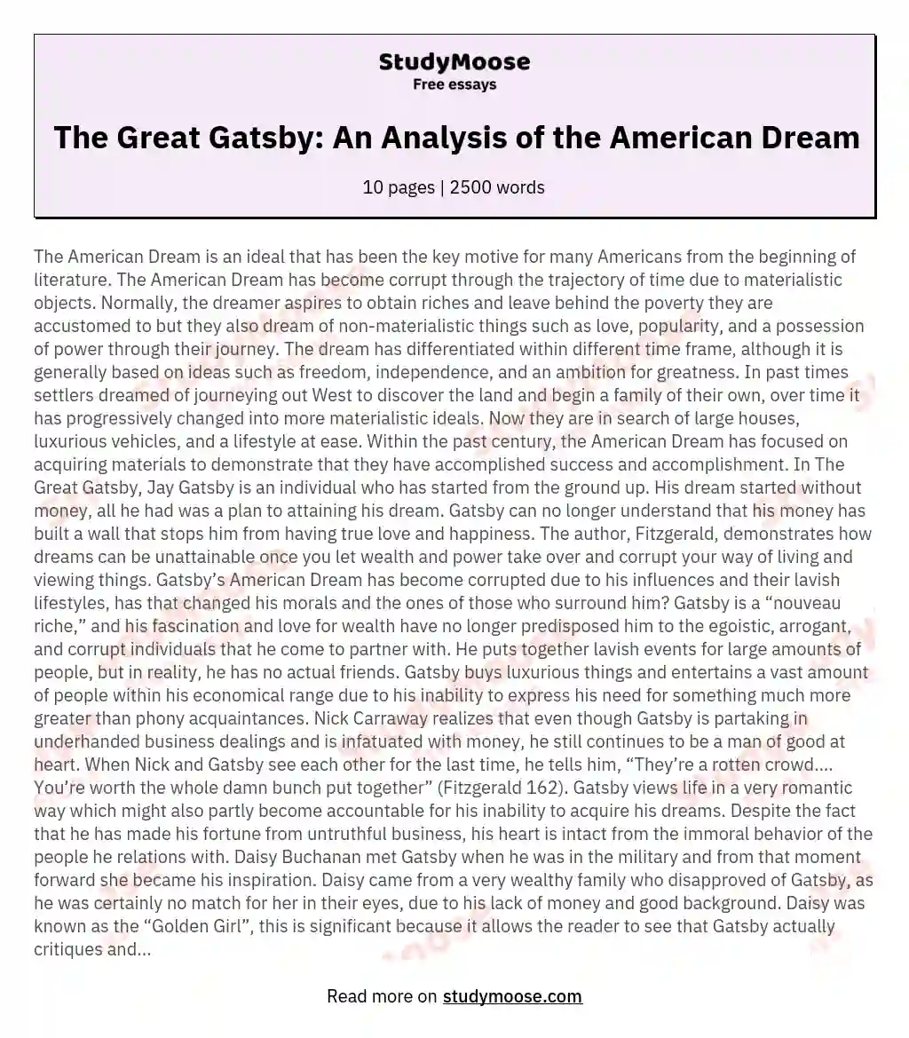 The Great Gatsby: An Analysis of the American Dream essay