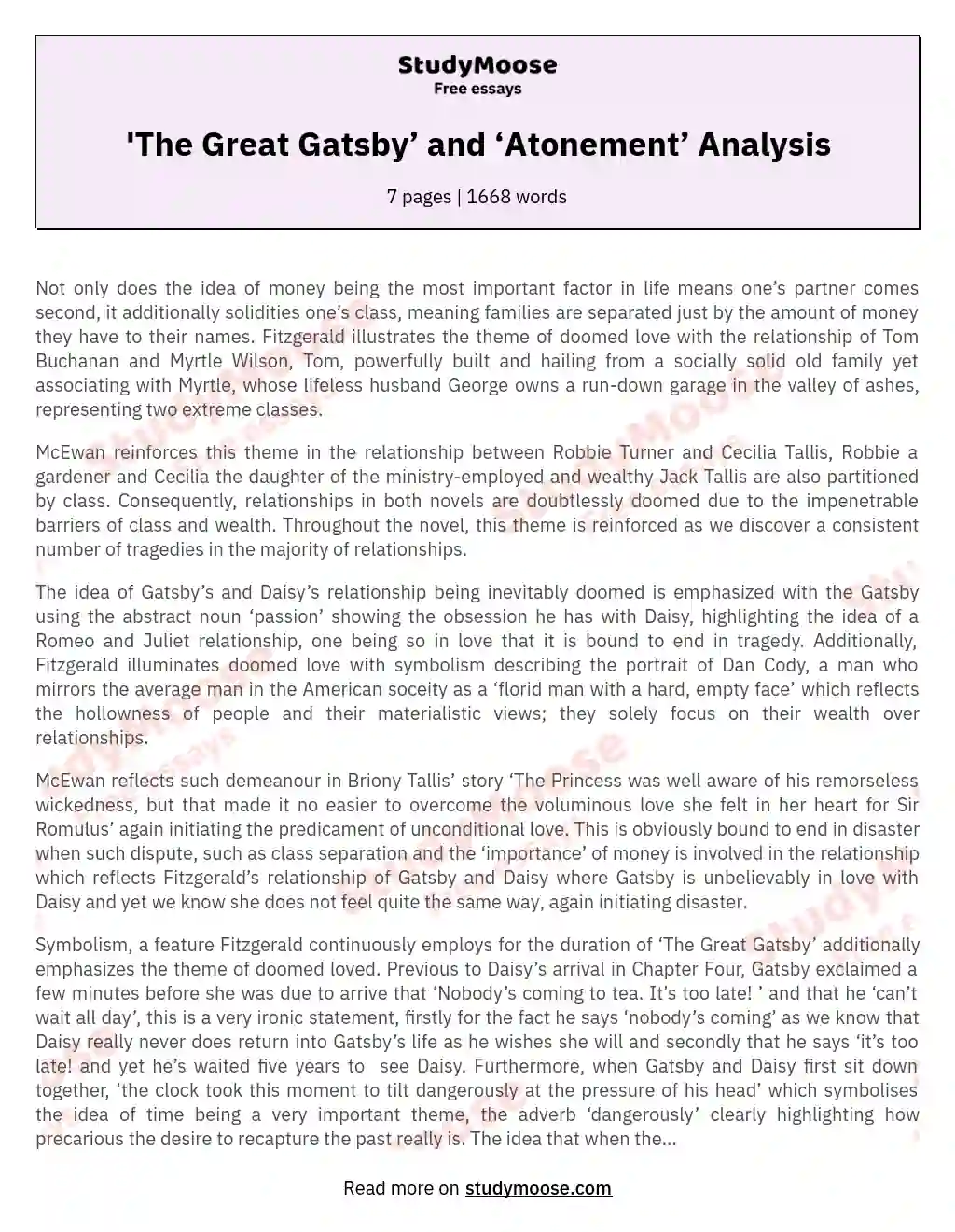 'The Great Gatsby’ and ‘Atonement’ Analysis