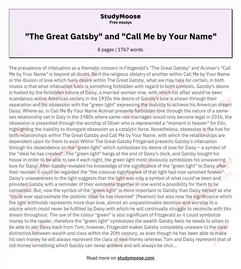 "The Great Gatsby" and "Call Me by Your Name" essay