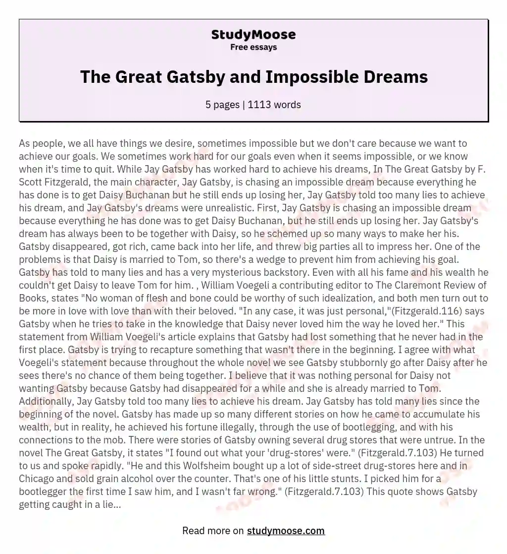 The Great Gatsby and Impossible Dreams essay