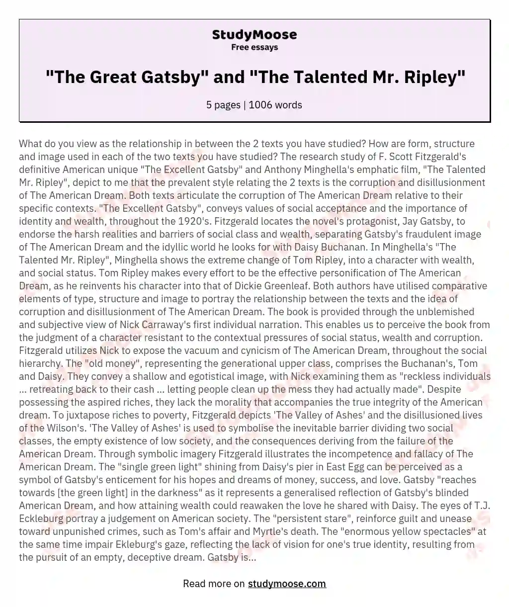 "The Great Gatsby" and "The Talented Mr. Ripley" essay