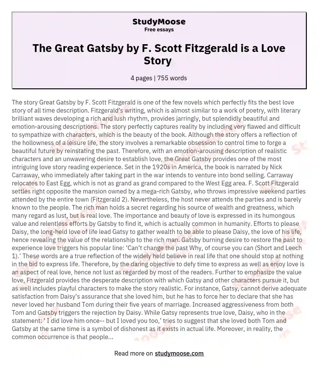 The Great Gatsby by F. Scott Fitzgerald is a Love Story  essay