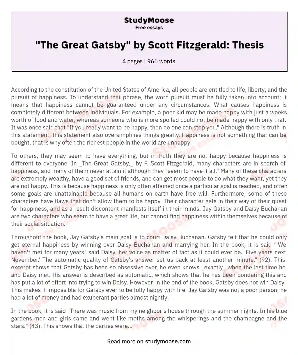 "The Great Gatsby" by Scott Fitzgerald: Thesis