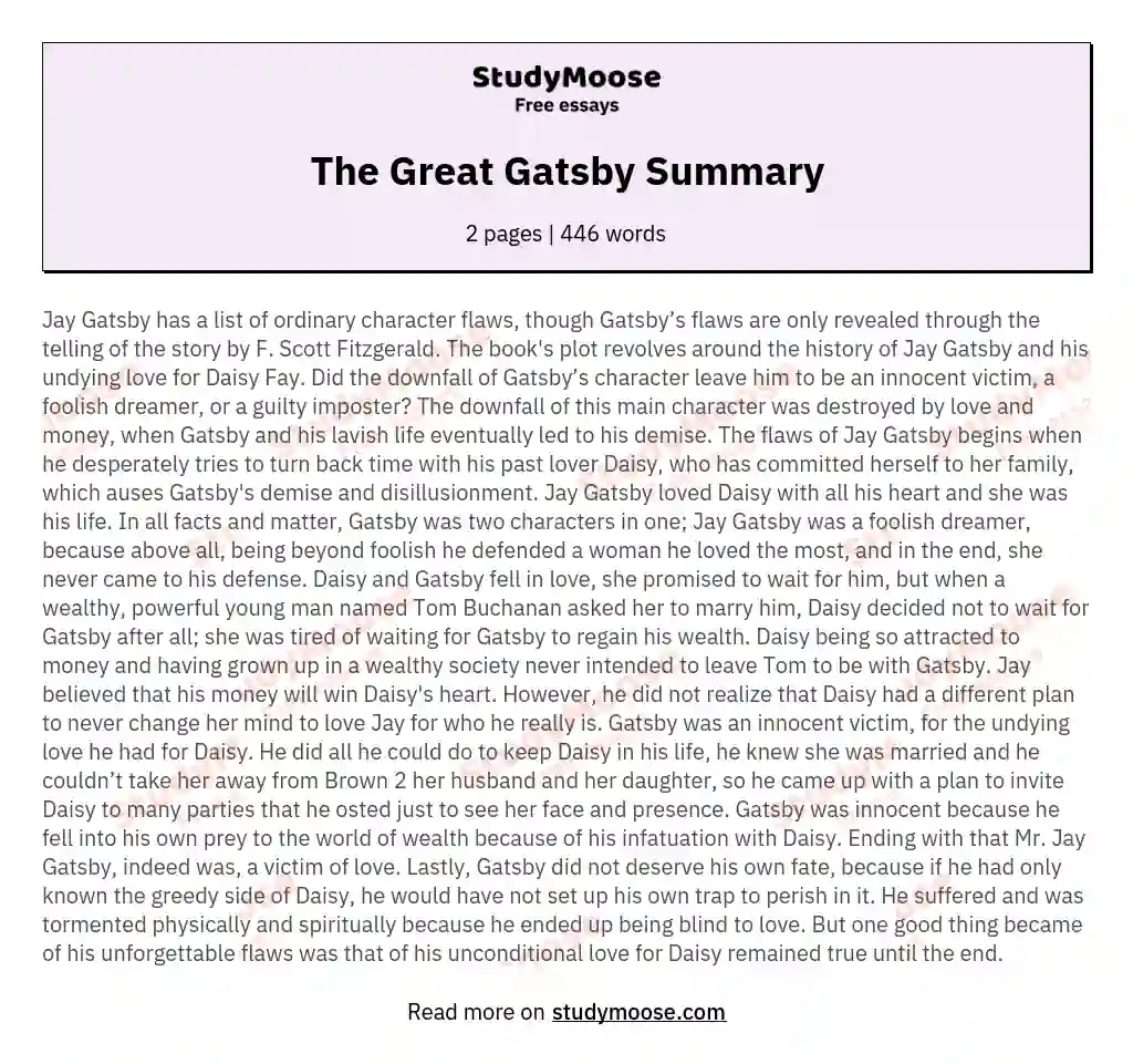 The Great Gatsby Summary essay
