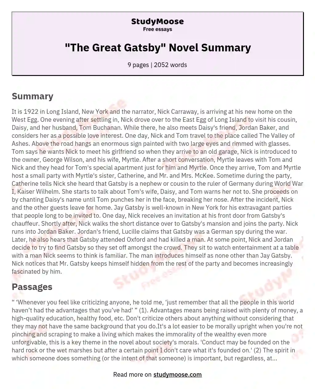 "The Great Gatsby" Novel Summary