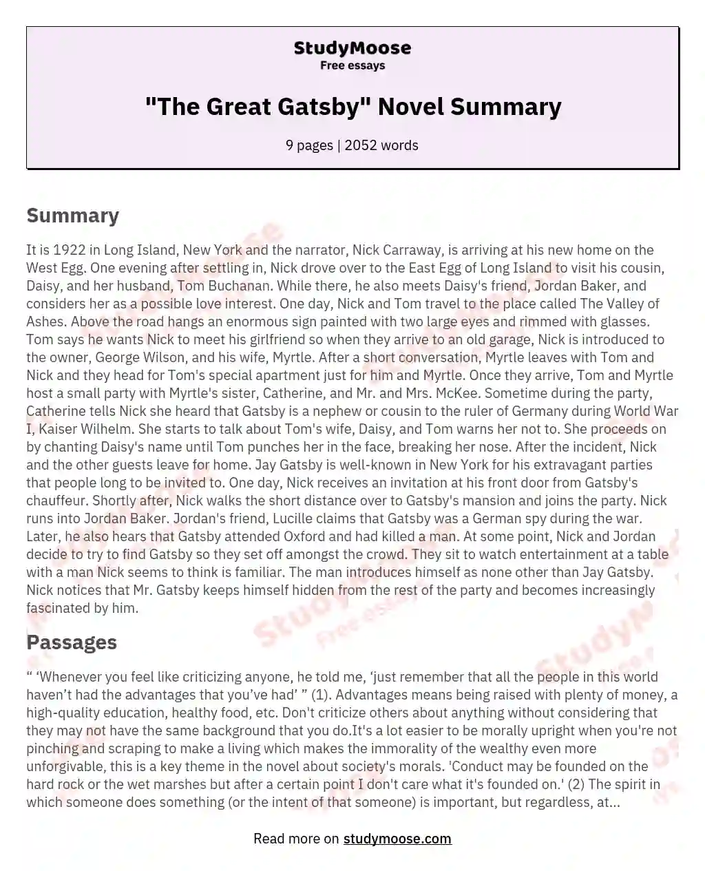 great gatsby essay summary