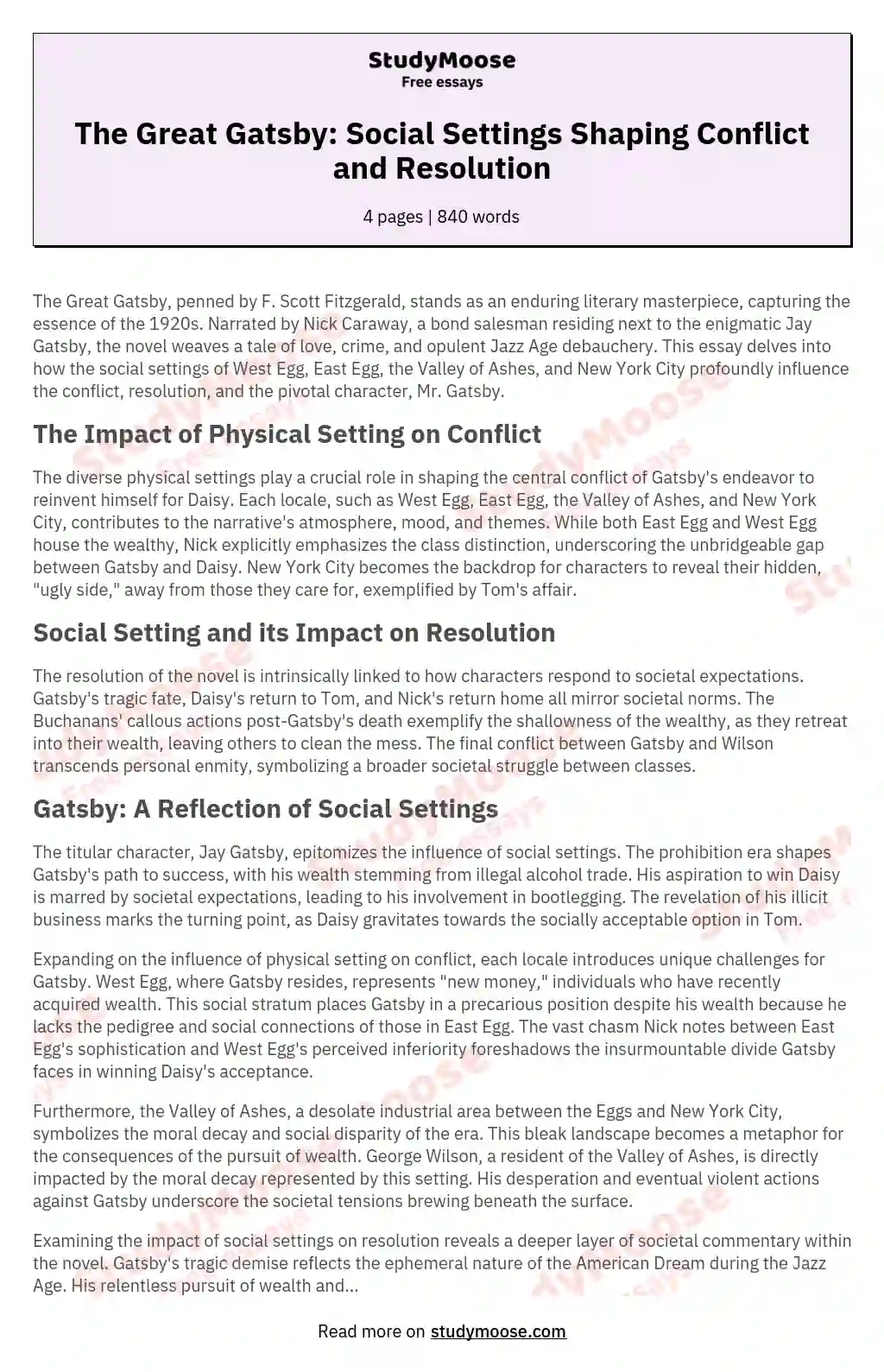 The Great Gatsby: Social Settings Shaping Conflict and Resolution essay