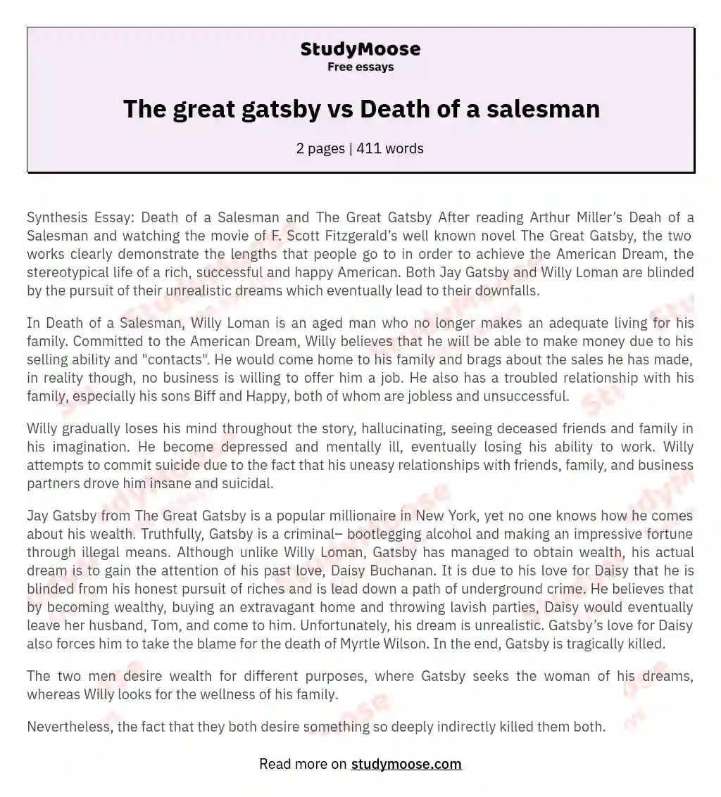 The great gatsby vs Death of a salesman