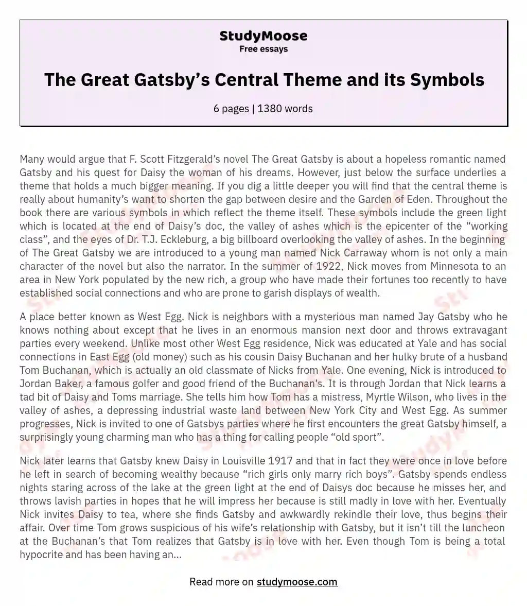 The Great Gatsby’s Central Theme and its Symbols