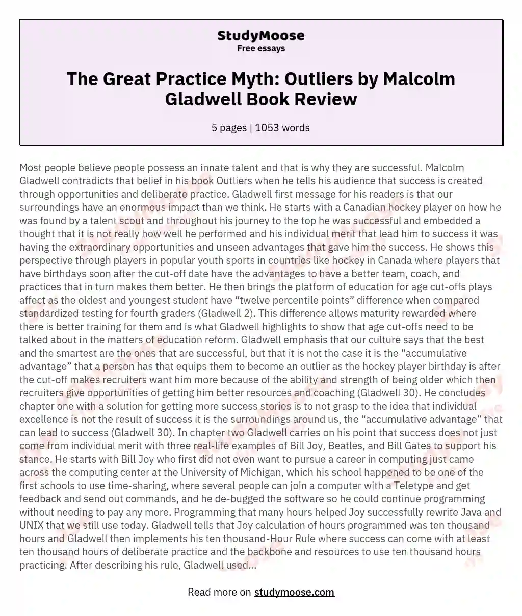 The Great Practice Myth: Outliers by Malcolm Gladwell Book Review essay