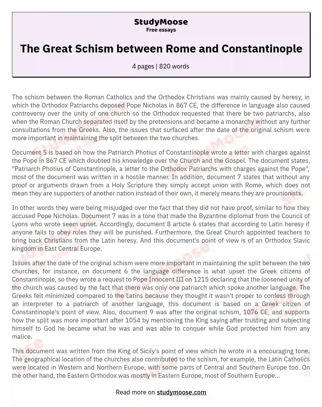 The Great Schism between Rome and Constantinople essay
