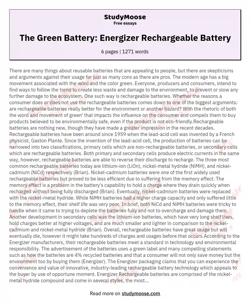 The Green Battery: Energizer Rechargeable Battery essay