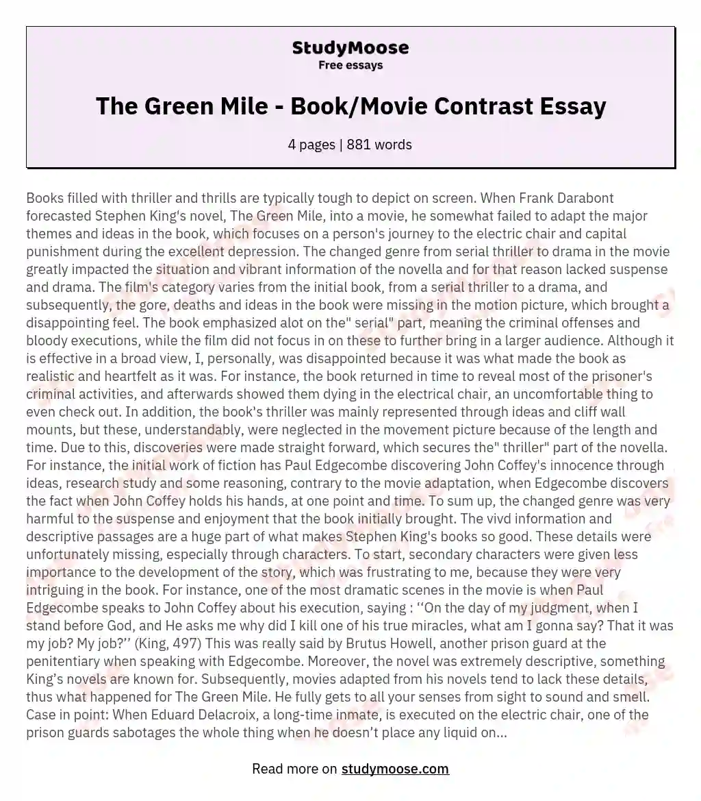 The Green Mile - Book/Movie Contrast Essay