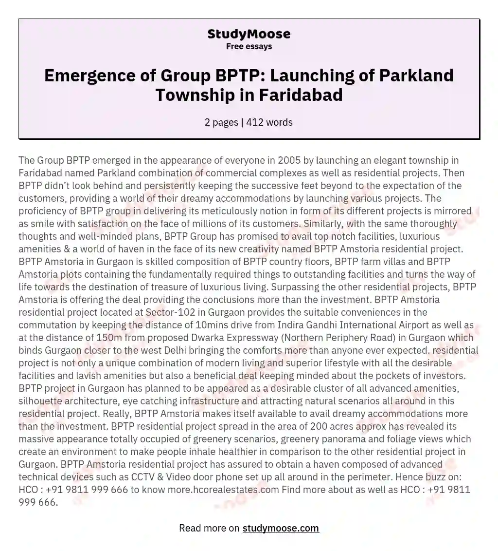 Emergence of Group BPTP: Launching of Parkland Township in Faridabad essay