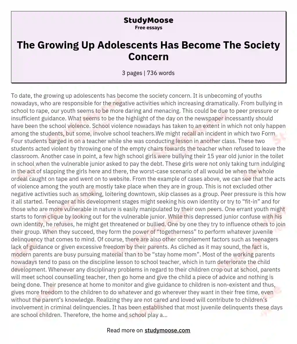 The Growing Up Adolescents Has Become The Society Concern
