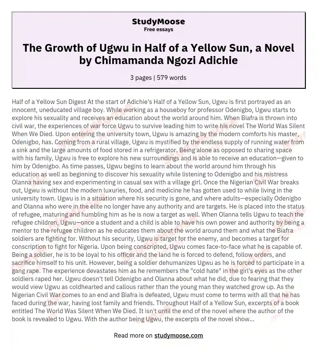 The Growth of Ugwu in Half of a Yellow Sun, a Novel by Chimamanda Ngozi Adichie essay