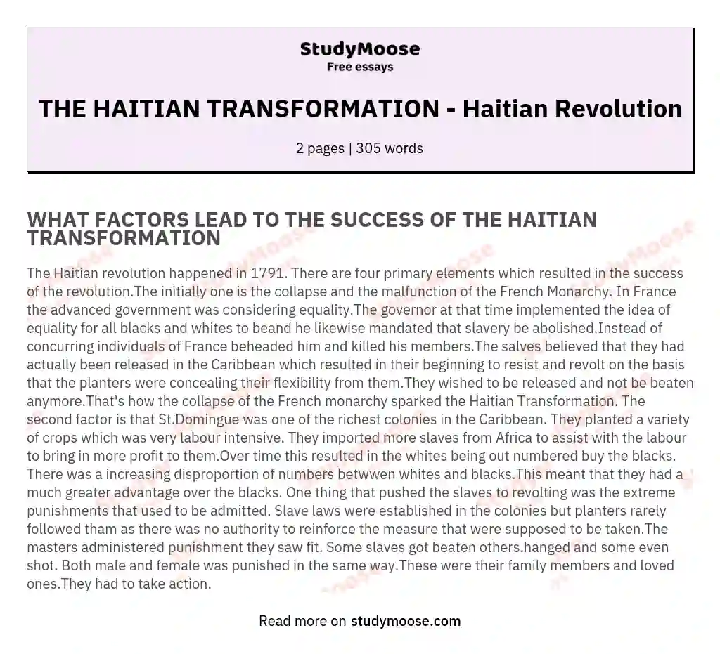 THE HAITIAN TRANSFORMATION - Haitian Revolution essay