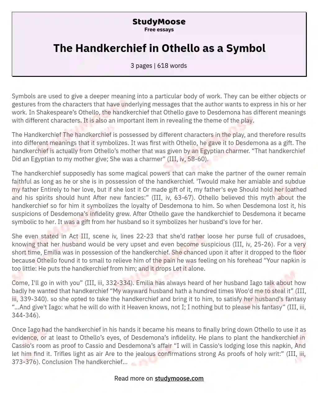 The Handkerchief in Othello as a Symbol essay