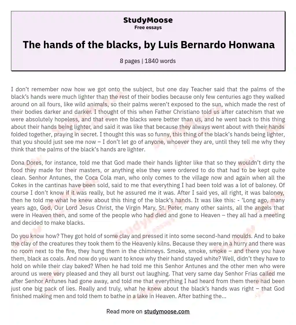 The hands of the blacks, by Luis Bernardo Honwana essay