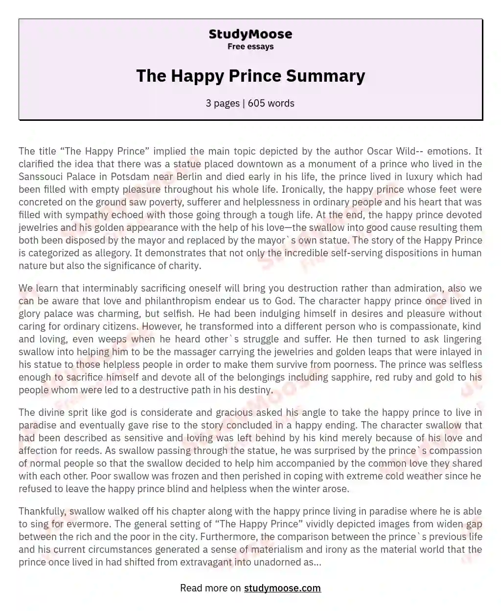The Happy Prince Summary essay
