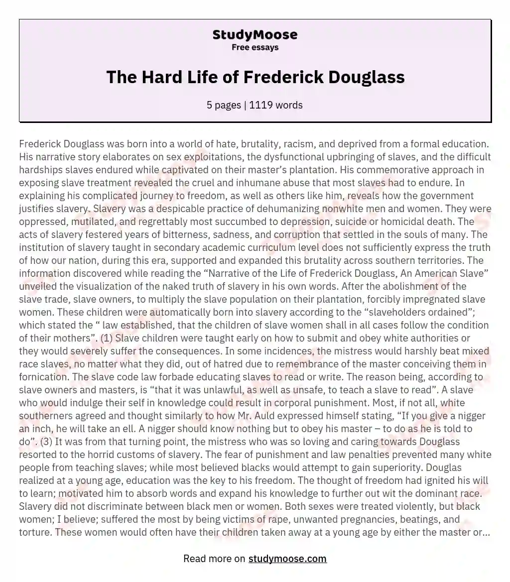 The Hard Life of Frederick Douglass essay