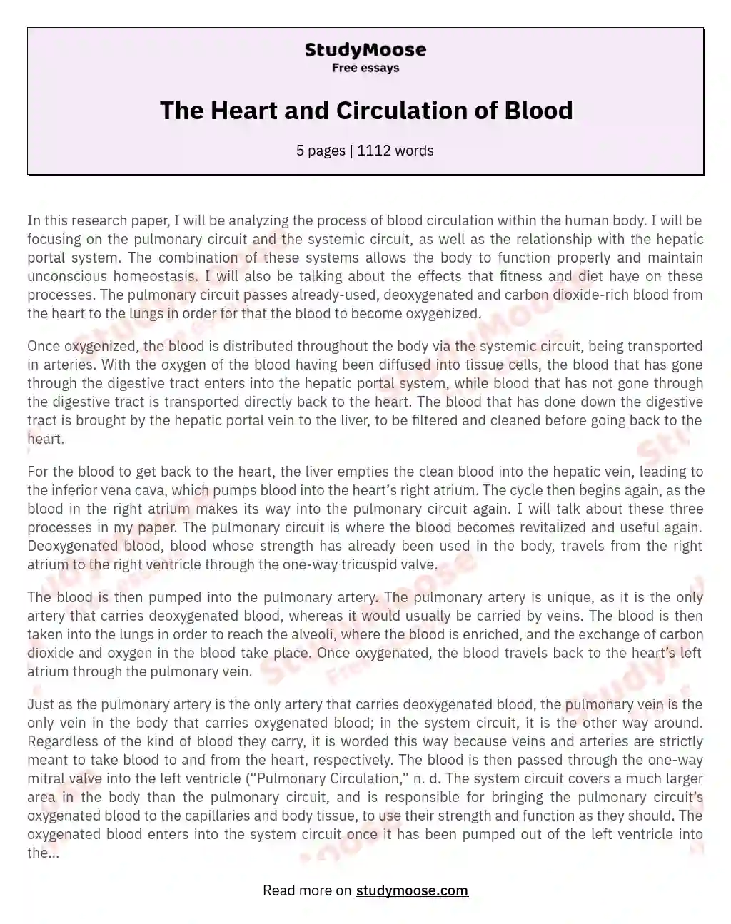 The Heart and Circulation of Blood essay
