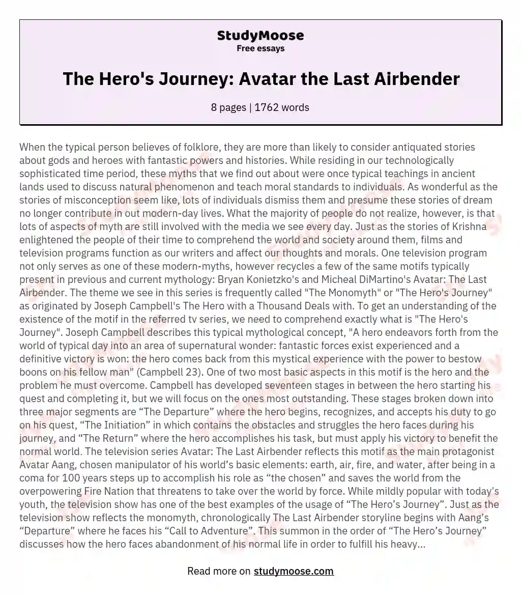 The Hero's Journey: Avatar the Last Airbender essay