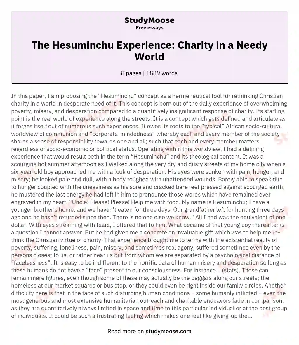 The Hesuminchu Experience: Charity in a Needy World essay