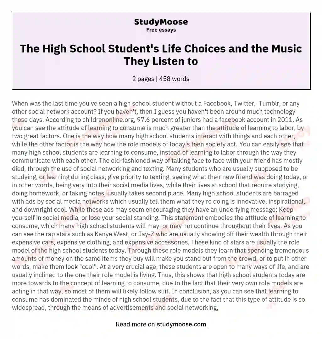 The High School Student's Life Choices and the Music They Listen to essay