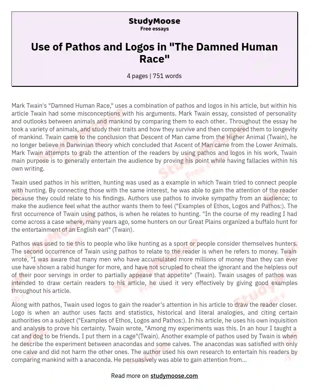 Use of Pathos and Logos in "The Damned Human Race" essay
