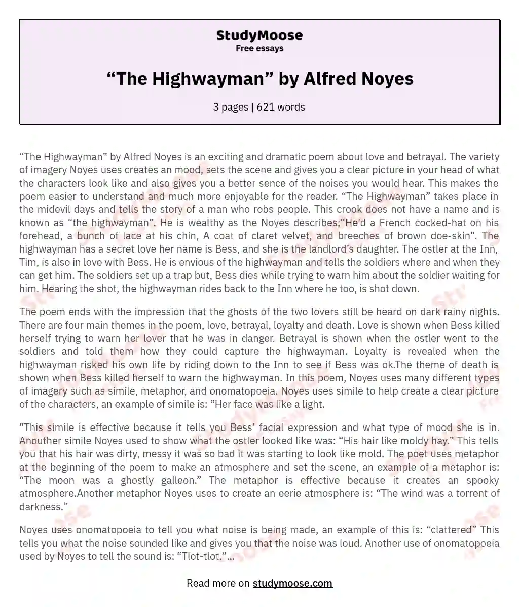 “The Highwayman” by Alfred Noyes essay