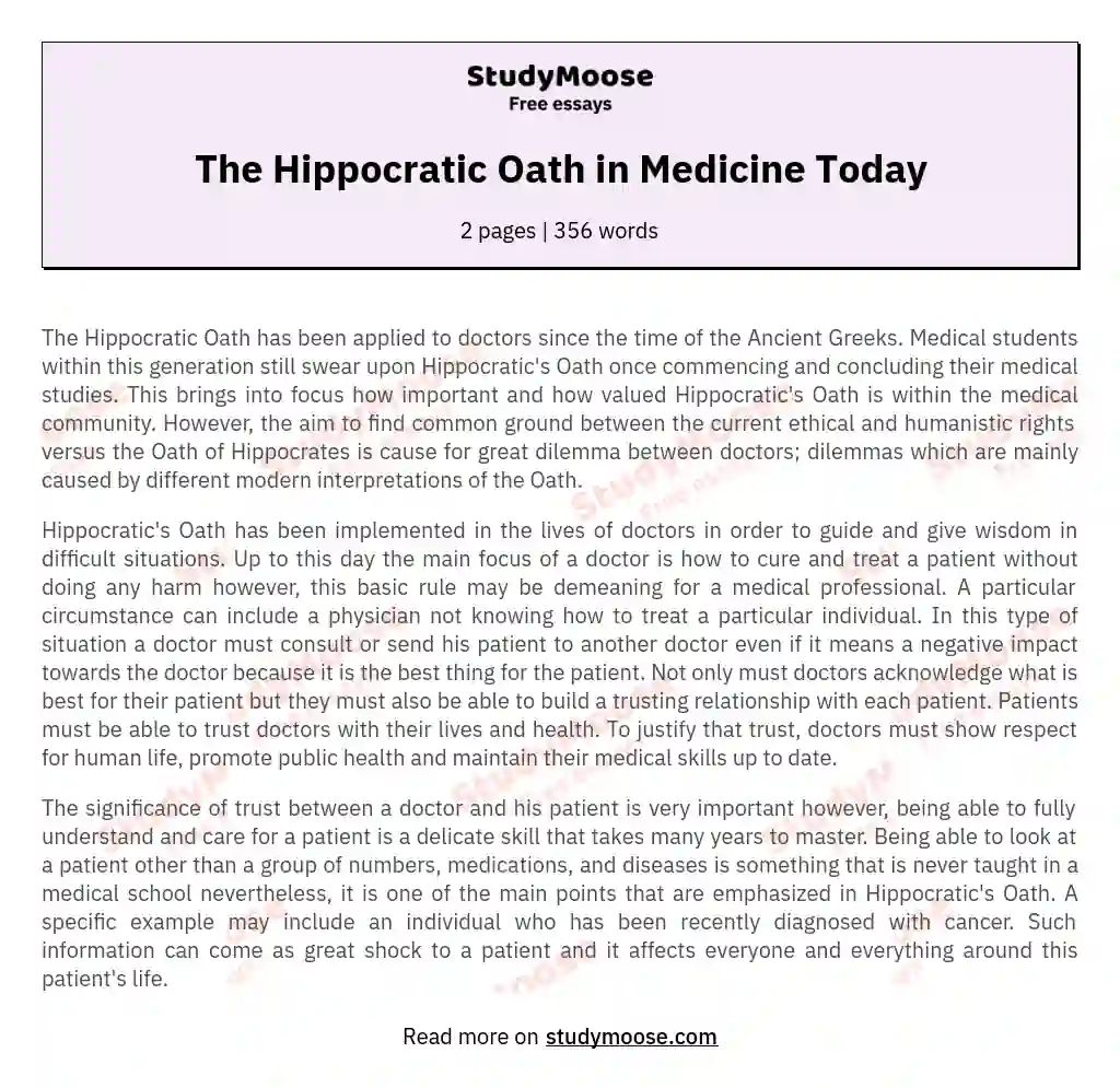 The Hippocratic Oath in Medicine Today essay