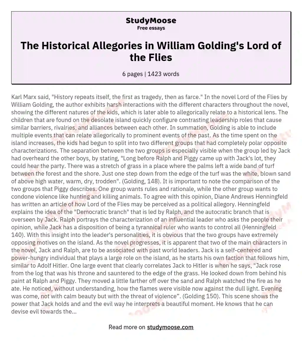 The Historical Allegories in William Golding's Lord of the Flies essay