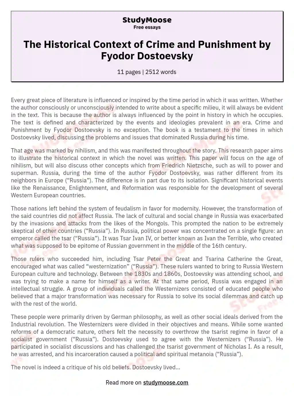 The Historical Context of Crime and Punishment by Fyodor Dostoevsky